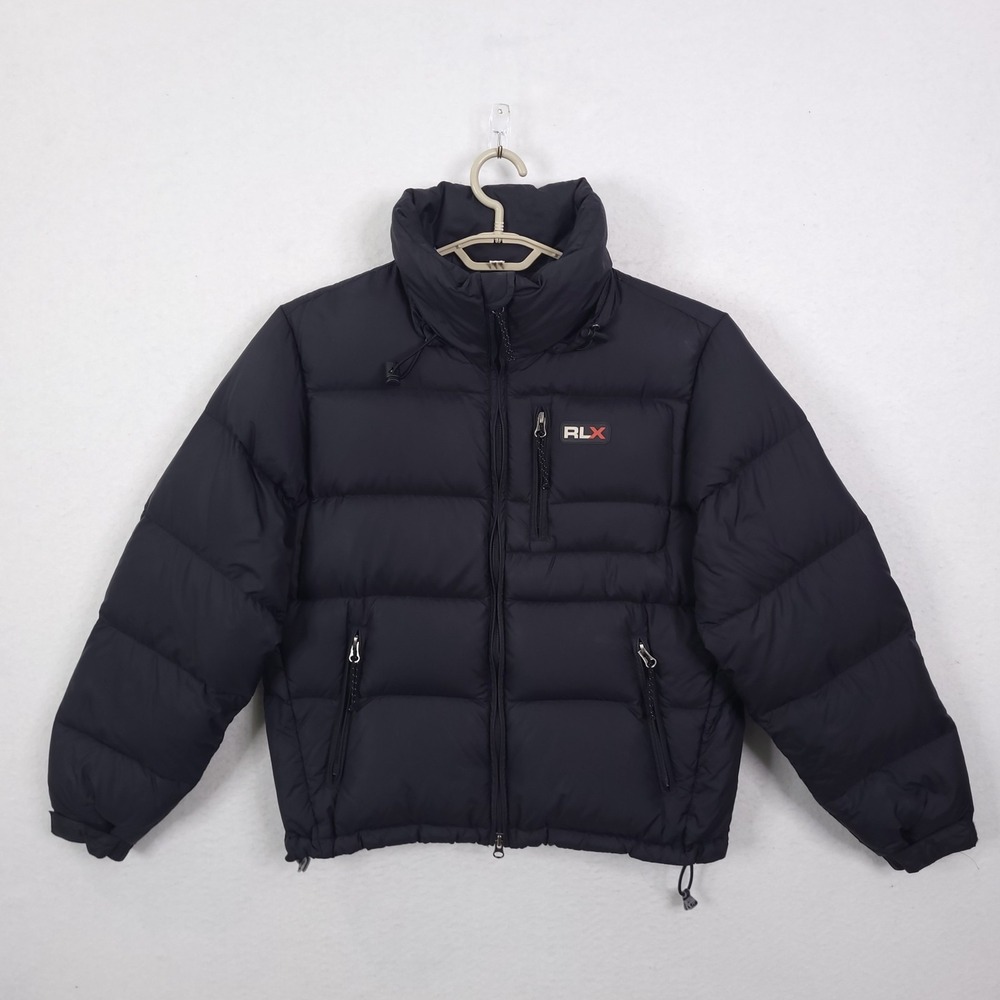 RLX Ralph Lauren Down Puffer Jacket Womens Black Size M Quilted Full Zip Hooded